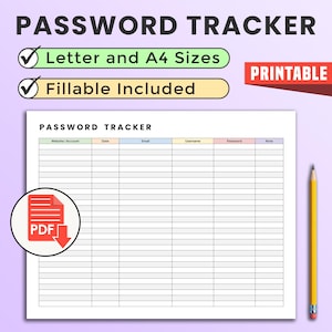 May include: A printable password tracker with the title "PASSWORD TRACKER" at the top. The document includes fields for website/account, date, email, username, password, and notes. The design includes a PDF icon and a yellow pencil.