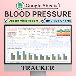 Puede incluir: Un rastreador digital de presión arterial en Google Sheets mostrado en un monitor de computadora. La interfaz incluye un panel con tablas de datos, resúmenes de mediciones sistólicas y diastólicas, gráficos intuitivos y un informe médico.