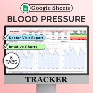 Monitoraggio semplice della pressione sanguigna per Fogli Google, registro digitale della pressione sanguigna con modello di foglio di calcolo grafico, diario dell'ipertensione, dashboard sulla salute del cuore