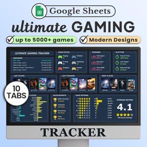 Puede incluir: Un monitor de computadora muestra un rastreador de juegos con el texto "ultimate GAMING". El rastreador incluye secciones para el estado del juego, gastos, tiempo de juego y calificaciones de juegos. La pantalla también muestra "up to 5000+ games" y "Modern Designs."