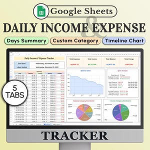 以下が含まれることがあります： Googleスプレッドシートの「Daily Income & Expense Tracker」というタイトルのスプレッドシートが表示されたコンピューターモニター。画面にはデータ表、グラフ、「Days Summary」、「Custom Category」、「Timeline Chart」というテキストが表示されています。「TRACKER」という単語が一番下にあります。