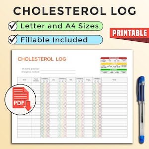 Puede incluir: Un registro de colesterol imprimible con el título "CHOLESTEROL LOG". El documento incluye secciones para registrar los niveles de colesterol, con casillas de verificación para categorías y un espacio para notas. La imagen también muestra un icono PDF y un bolígrafo azul.