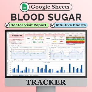 以下が含まれることがあります： モニターに表示されたGoogleスプレッドシートの血糖値トラッカー。インターフェースには、医師の診察レポート、直感的なチャート、空腹時および食後の測定値のデータテーブルが含まれており、折れ線グラフや棒グラフで血糖値の推移を確認できます。