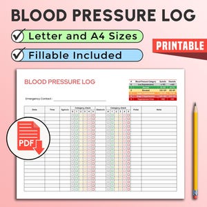 May include: A printable blood pressure log with the title "BLOOD PRESSURE LOG". The document includes sections for recording date, time, systolic, diastolic, and pulse. The log is available in Letter and A4 sizes and is fillable. A yellow pencil is on the right.