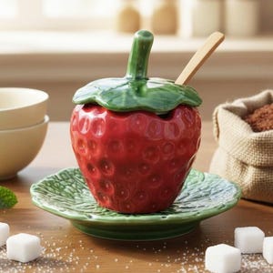 Keramik Zuckerdose mit Deckel, handgefertigter Marmeladentopf, Obstform Dekor, Erdbeerglas