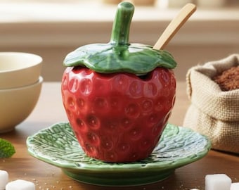 Sucrier en céramique avec couvercle, Pot de confiture fait main, Décoration en forme de fruit, Pot de fraises