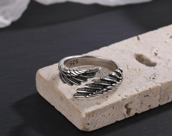 Sterling Silver Angel Wing Wrap Ring: Oxidized Gothic Feather Jewelry