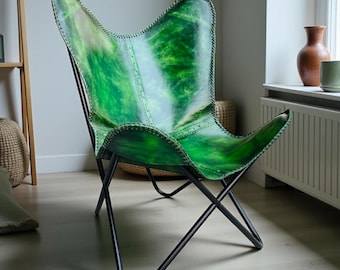 Emerald Green Leather Butterfly Chair, Mid-Century Modern BKF Lounge Accent