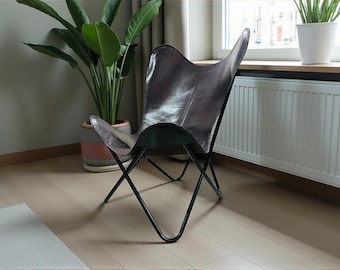 Handgemaakte leren vlinderstoel – midden van de eeuw modern, boho woondecoratie