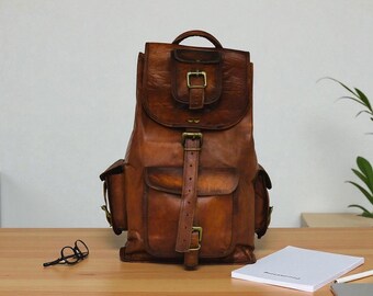 VINTAGE BUFFALO LEATHER BACKPACK,With Multi Pockets ,Travel Bag ,Backpack UNISEX Amazon.com | Ruzioon Vintage Buffalo Leather Backpack Multi  main image 3