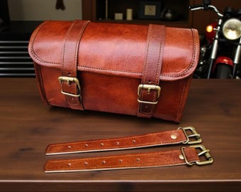 Genuine Leather Motorcycle Tool Bag – Vintage Cafe Racer Fork Bag, Universal Biker Storage