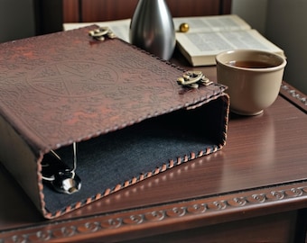 Leather Pentagram Grimoire Binder, Embossed Wiccan Journal Organizer