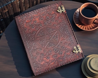 Leather Grimoire Binder, Pentagram Book of Shadows 3 Ring Binder, Custom Refillable Wiccan Spellbook, Vintage Leather Journal with Lock