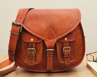 Besace en cuir rustique, sac bandoulière avec boucles, sacoche en cuir décontractée faite main, sac à main de voyage, sac de tous les jours classique