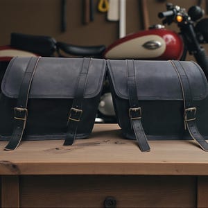 May include: Two black leather motorcycle saddlebags with brass buckles and straps. The bags are rectangular with a flap closure and are sitting on a wooden surface. A red and white motorcycle is in the background.
