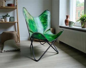 Grüner Leder Butterfly Chair, Vintage BKF Sling, Mid-Century Eisengestell