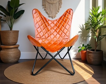 Handmade Leather Butterfly Chair, Mid-Century Modern Sling Lounge Accent living room chair