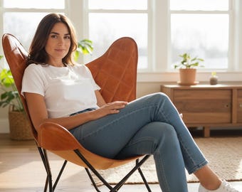 Handgemaakte leren vlinderstoel, modern Sling Lounge-accent uit het midden van de eeuw