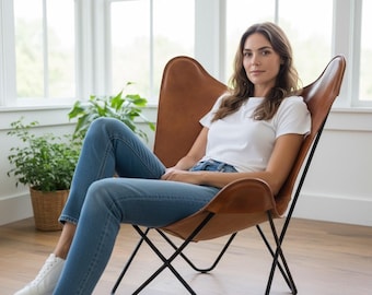 Tan Leather Butterfly Chairs – Retro Handmade Accent Seating Mid Century BKF Lounge Chair