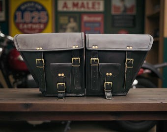 Black Leather Motorcycle Saddlebag, Custom Cruiser Side Panniers, Vintage Chopper Luggage Bag, Retro Cafe Racer Gear, Motorbike Gift for Him