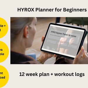 Peut inclure: Un planificateur numérique HYROX pour débutants, affiché sur une tablette. L'écran montre un plan d'entraînement pour femmes. L'image comprend le texte "Printable + iPad", "Canva Editable" et "Instant Download". Le texte "12 week plan + workout logs" est également visible.