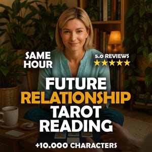 Op de afbeelding: Afbeelding die een tarotleesservice promoot, met een lachende vrouw. De tekst op de afbeelding luidt "SAME HOUR FUTURE RELATIONSHIP TAROT READING" en "+10.000 CHARACTERS". Er wordt ook een 5-sterrenbeoordeling weergegeven.