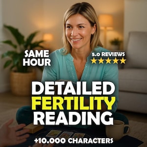 May include: A woman smiles while sitting cross-legged, with text that reads "SAME HOUR" and "DETAILED FERTILITY READING". The image also includes "5.0 REVIEWS" with five gold stars and "+10.000 CHARACTERS". A cup of coffee and tarot cards are visible.