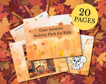 Puede incluir: Un conjunto de páginas de actividades con temática otoñal para niños, con ilustraciones de calabazas, hojas y una ardilla. La portada dice "Cute Autumn Activity Pack for Kids" y "20 Pages". El fondo está lleno de hojas de otoño y crayones.