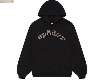 Sp5der Black Graphic Hoodie – Streetwear Pullover Hoodie, Unisex Oversized Sweatshirt, Cozy Winter Hoodie
