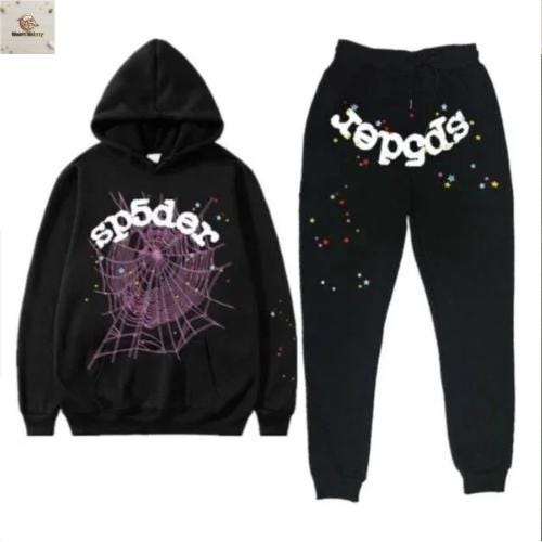 Black Sp5der Worldwide Tracksuit Unisex Streetwear Two Piece Set