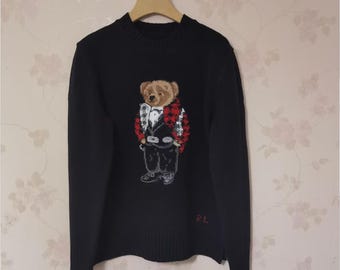 Polo Bear Motif Womens Sweater Jumper Wool Black Ralph Lauren Style Knit