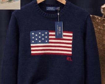Authentic Polo Ralph Lauren USA Flag Sweater – Vintage American Flag Wool Knit Jumper – Unisex Designer Pullover – Classic Preppy Style