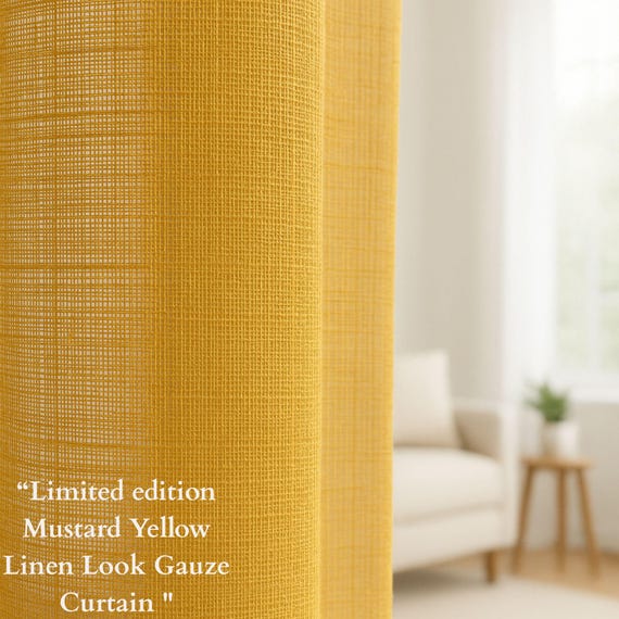 Senfgelber Vorhang, Musselin, doppelte Höhe, 300 cm/Boho, Natürliches Licht, durchsichtig, Leinenoptik