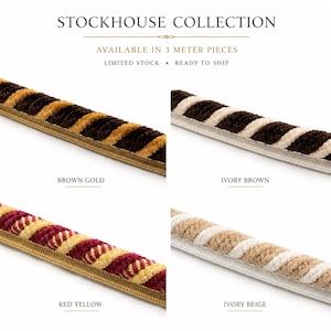 May include: Four samples of twisted rope trim from the Stockhouse Collection, available in 3 meter pieces. The color combinations include brown and gold, ivory and brown, red and yellow, and ivory and beige, each featuring a flat fabric edge.