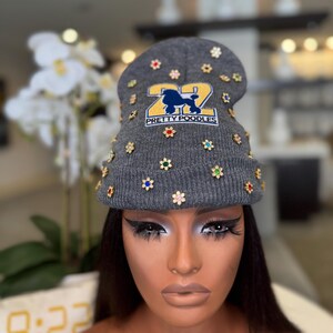 Sigma Gamma Rho Sorority 1922 White Knit Beanie Hat Blue Gold Rhinestone SGRho Sigma Gamma Rho inspired hats for sale main image 3