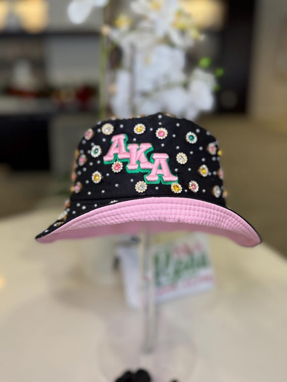 Alpha Kappa Alpha AKA Sorority White Visor Pink Green Floral Rhinestone Pearl Pink and Green Flower Brooch w/Pearl Center  main image 4