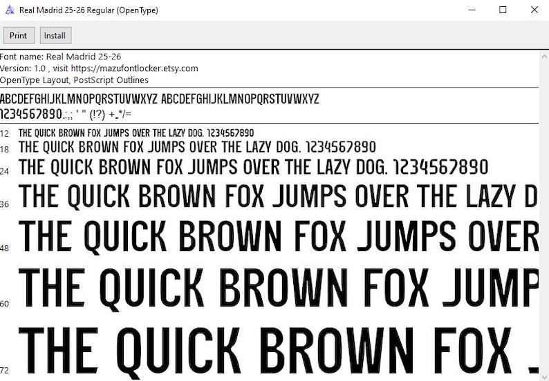 May include: A computer screen shows a font preview of "Real Madrid 25-26 Regular." The font is displayed in different sizes, using the sentence "THE QUICK BROWN FOX JUMPS OVER THE LAZY DOG" to showcase the font's style.