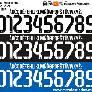 May include: A digital font set for Real Madrid, featuring the team's name and the years 2025-2026. The design includes uppercase letters, numbers 0-9, and special characters, available in black and white on a black and blue background.