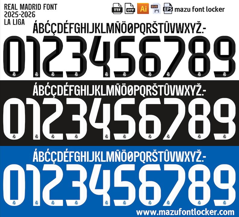 May include: A digital font set for Real Madrid, featuring the team's name and the years 2025-2026. The design includes uppercase letters, numbers 0-9, and special characters, available in black and white on a black and blue background.