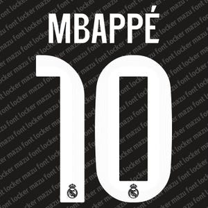 May include: White graphic of the name MBAPP&Eacute; and the number 10, with a team logo at the bottom of the number. The design is on a black background with a repeating diagonal pattern of text.