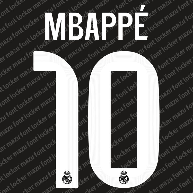 May include: White graphic of the name MBAPP&Eacute; and the number 10, with a team logo at the bottom of the number. The design is on a black background with a repeating diagonal pattern of text.