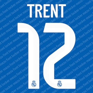 May include: White jersey numbers and name, "TRENT 12", on a blue background. The number 12 has a unique font style with a team logo at the bottom. The background has a repeating pattern of text.
