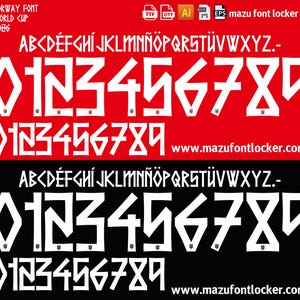 Puede incluir: Un diseño de fuente digital, con caracteres blancos sobre fondos rojos y negros. La fuente incluye letras mayúsculas, números y símbolos. El texto "NORWAY FONT WORLD CUP 2026" está en la parte superior. También se muestra el sitio web www.mazufontlocker.com.