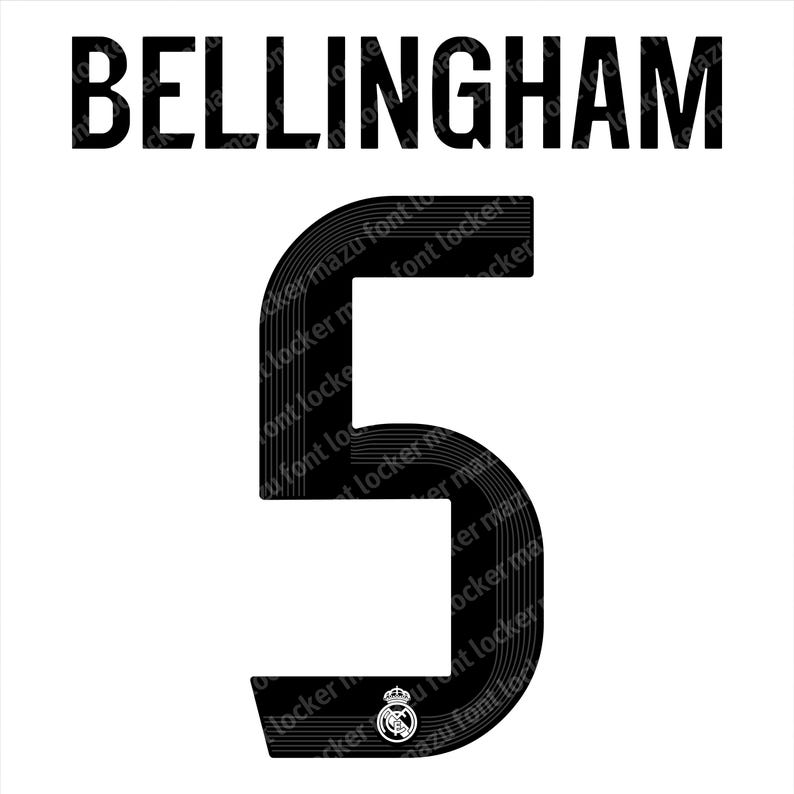 May include: Black graphic featuring the name "BELLINGHAM" above the number "5". The number has a textured design and the Real Madrid crest at the bottom. The background is white.