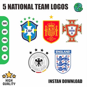 Puede incluir: Un gráfico digital que muestra 5 NATIONAL TEAM LOGOS con el texto INSTAN DOWNLOAD y los formatos de archivo SVG, DXF, PNG, EPS, AI. Los logotipos incluyen el escudo de Brasil CBF, el escudo español RFEF, el emblema portugués, el águila alemana e Inglaterra.