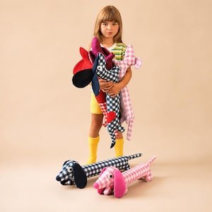 May include: A child holds a collection of stuffed dachshund dogs in various colours and patterns. The dogs include red, pink, and blue gingham, and solid colours. Two additional dachshunds are on the floor, one blue and white gingham, and one pink and white gingham.