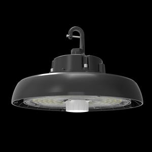 May include: A black industrial-style LED high bay light fixture with a curved shade and a hook for hanging. The light has a white center and a dark gray exterior, set against a black background.