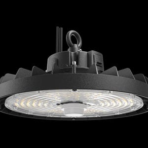 May include: A black, circular LED high bay light fixture with a clear, spiral-patterned lens. The fixture has a metal housing with a ring for hanging and is designed for industrial or commercial use.