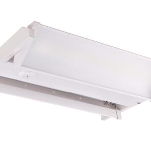 May include: A white, rectangular ceiling light fixture with a frosted panel. The fixture has a hinged design and is made of metal. The light is designed to be mounted on a ceiling.