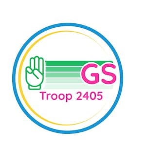 Könnte beinhalten: Ein kreisförmiges Emblem mit blauem und gelbem Rand. Das Design umfasst ein grünes Handsymbol, horizontale grüne und weiße Streifen und die pinkfarbenen Buchstaben "GS". Darunter steht der Text "Troop 2405".